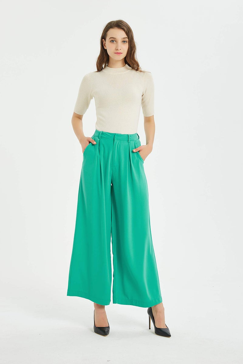 Tronjori Women High Waist Casual Wide Leg Long Palazzo Pants Trousers Regular Size(L, Green) - Image 2